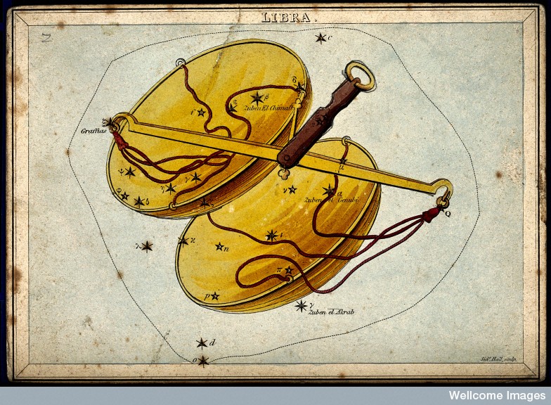 V0024921 Astrology: signs of the zodiac, Libra. Coloured engraving.